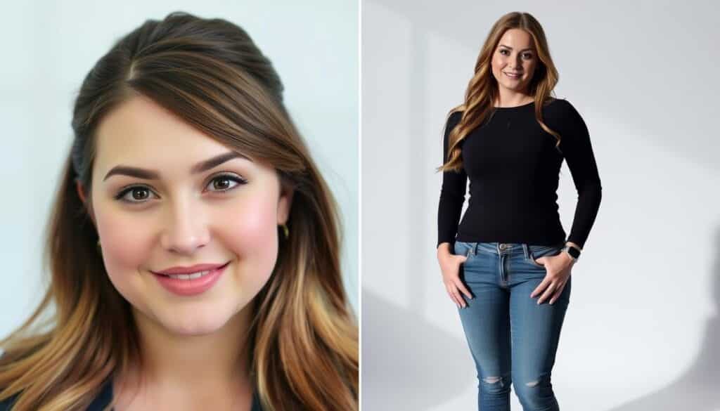 Portrait of Meghan Trainor at two different stages of her life, side by side. In the left panel, a close-up headshot of a younger Meghan, with a fresh-faced, slightly rounder appearance. Soft lighting, natural makeup, and a relaxed, friendly expression. In the right panel, a full-body shot of a more recent Meghan, slimmer and more toned, dressed in a fitted top and jeans. Dramatic lighting casts shadows, highlighting her transformed figure. The background is a simple, minimalist setting, allowing the focus to remain on Meghan's physical evolution. The overall mood conveys a sense of personal growth and transformation.