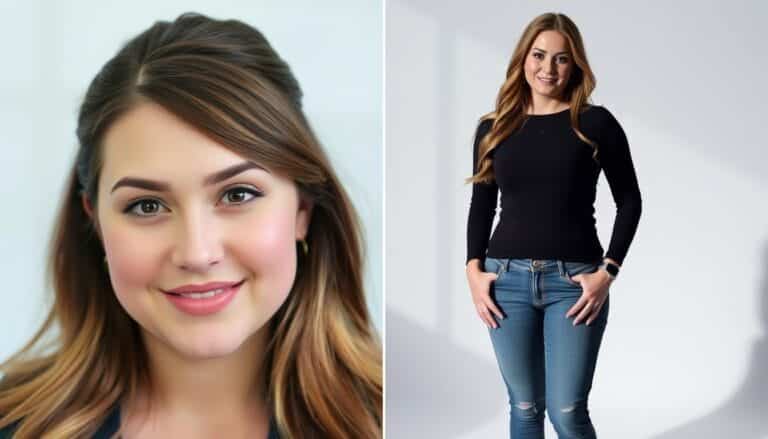Portrait of Meghan Trainor at two different stages of her life, side by side. In the left panel, a close-up headshot of a younger Meghan, with a fresh-faced, slightly rounder appearance. Soft lighting, natural makeup, and a relaxed, friendly expression. In the right panel, a full-body shot of a more recent Meghan, slimmer and more toned, dressed in a fitted top and jeans. Dramatic lighting casts shadows, highlighting her transformed figure. The background is a simple, minimalist setting, allowing the focus to remain on Meghan's physical evolution. The overall mood conveys a sense of personal growth and transformation.
