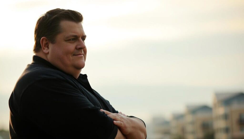 Warm, cinematic portrait of Billy Gardell standing outdoors in an introspective pose, with a thoughtful expression on his face. The lighting is soft and directional, casting gentle shadows that accentuate his facial features. The background is slightly blurred, hinting at a scenic outdoor setting that complements the mood. Gardell's posture and body language convey a sense of determination and personal transformation, alluding to his inspiring weight loss journey. The overall tone is one of contemplation and resolve, capturing the turning point that motivated Gardell's health and wellness transformation.
