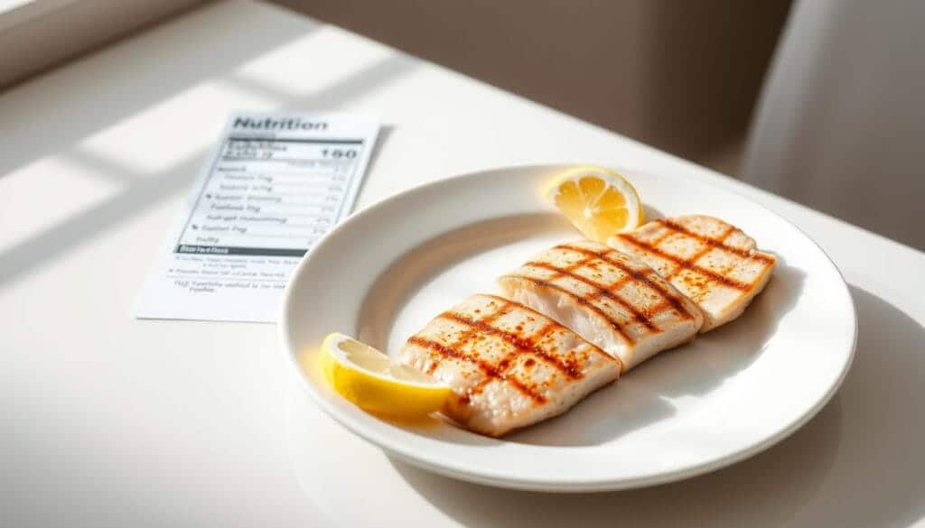 a photo of a clean, well-lit table with a white plate featuring a serving of grilled tuna filet, arranged neatly with lemon wedges, accompanied by a simple black and white nutrition label providing detailed information about the nutritional value of tuna, including calories, protein, fat, and micronutrients, captured from an eye-level angle with a sharp focus and natural lighting to highlight the fresh, healthy, and informative presentation, conveying a sense of simplicity and straightforward nutritional data to support the article's discussion of tuna as a weight-loss-friendly protein source.