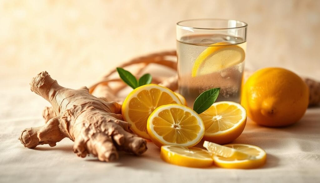 A beautifully lit still life composition depicting a vibrant ginger root, several fresh lemon slices, and a glass of clear liquid against a soft, natural background. The lighting is warm and diffused, creating a calming, spa-like atmosphere. The arrangement is aesthetically pleasing, with the ginger and lemon complementing each other's colors and textures. The glass contains a refreshing detox beverage, perhaps infused with the zesty flavors of the ingredients. The overall scene conveys a sense of wellness, balance, and a healthy lifestyle.