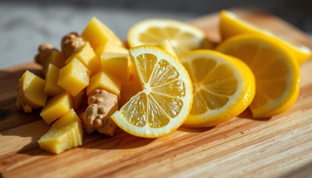 A close-up photograph of freshly sliced ginger and lemon wedges, arranged neatly on a wooden cutting board. The ginger pieces have a warm, golden hue, contrasting with the vibrant yellow of the lemon slices. The lighting is soft and natural, casting gentle shadows that accentuate the textures of the ingredients. The background is a neutral, out-of-focus surface, allowing the focus to remain on the main subjects. The overall composition and styling convey a sense of wellness, simplicity, and the potential for these ingredients to contribute to a healthy, weight-loss-friendly lifestyle.