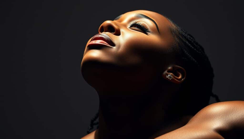 A close-up portrait of Missy Elliott, her head tilted back and eyes closed, revealing a striking transformation in her physique. Her skin glows with a healthy radiance, and her muscular, toned body is accentuated by dramatic lighting, casting deep shadows that highlight her newfound confidence. The background is blurred, placing the focus entirely on her remarkable physical transformation, a testament to her dedication and discipline. The image conveys a sense of power, grace, and the inspiring journey Missy has undertaken, captivating viewers and leaving them in awe of her remarkable accomplishment.