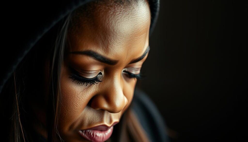 A close-up portrait of Missy Elliott in a moment of vulnerability, her eyes downcast and brow furrowed, conveying the weight of a serious health diagnosis. The lighting is soft and dramatic, creating a somber, reflective atmosphere. The background is blurred, keeping the focus squarely on Missy's pensive expression. Subtle textures and tones suggest the gravity of her Graves' disease diagnosis, a turning point that would ultimately inspire her remarkable weight loss journey.