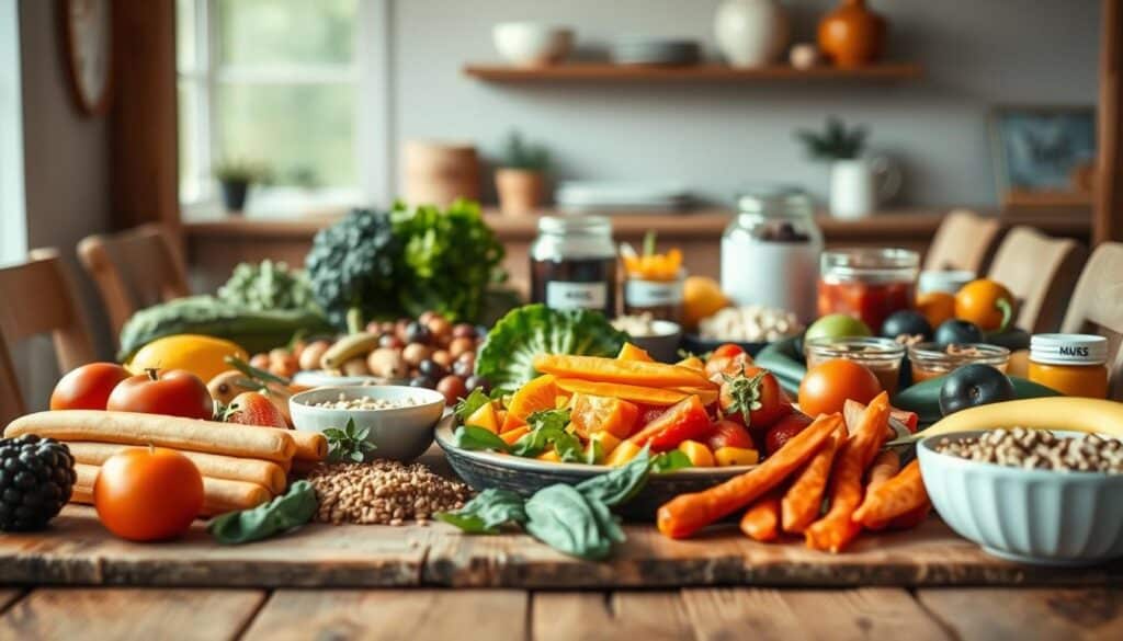 A close-up shot of a healthy, organic meal plan spread out on a rustic wooden table. In the foreground, an array of fresh fruits, vegetables, lean proteins, and whole grains are artfully arranged, suggesting the balanced, nutrient-dense diet that has fueled Missy Elliott's remarkable weight loss transformation. The middle ground features neatly labeled glass jars or containers, showcasing portion-controlled servings of superfoods, supplements, and hydrating beverages. The background is softly lit, with natural lighting filtering in through a nearby window, creating a warm, inviting atmosphere that embodies Missy's holistic approach to wellness.