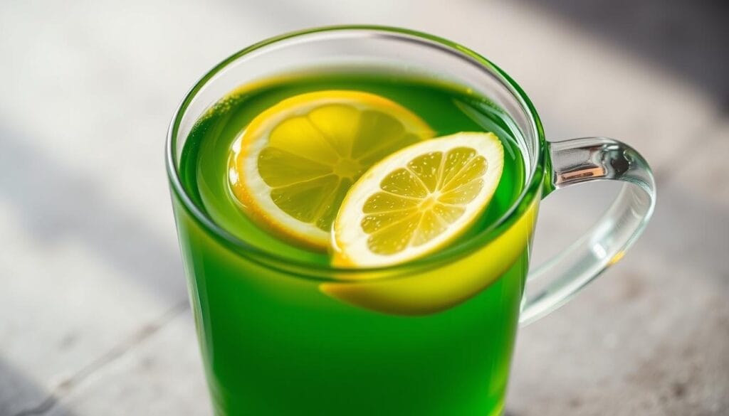 A delicate glass of freshly brewed green tea, infused with the warm, earthy notes of ginger and the tangy zest of lemon. The tea's emerald hue glistens in the soft, diffused lighting, casting a soothing ambiance. Sliced ginger and lemon wedges float gracefully on the surface, their vibrant colors creating a harmonious visual symphony. The overall composition radiates a sense of balance, inviting the viewer to savor the restorative and weight-loss-promoting properties of this healthful elixir. Captured with a crisp, close-up perspective and a shallow depth of field, drawing the eye to the captivating details of this rejuvenating beverage.