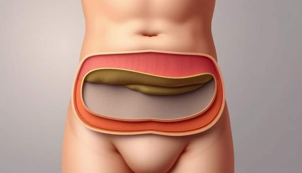 A detailed cross-section illustration showcasing the layers of abdominal fat, with a focus on visceral fat and subcutaneous fat. The image should convey a sense of depth and anatomical precision, using a clean, medical illustration style. Soft, diffused lighting from the top-left illuminates the subject, creating subtle shadows and highlights to emphasize the contours. The background should be a muted, neutral color that allows the details of the fat layers to stand out prominently. The overall mood should be informative and educational, conveying the complexities of belly fat in a clear and visually compelling manner.