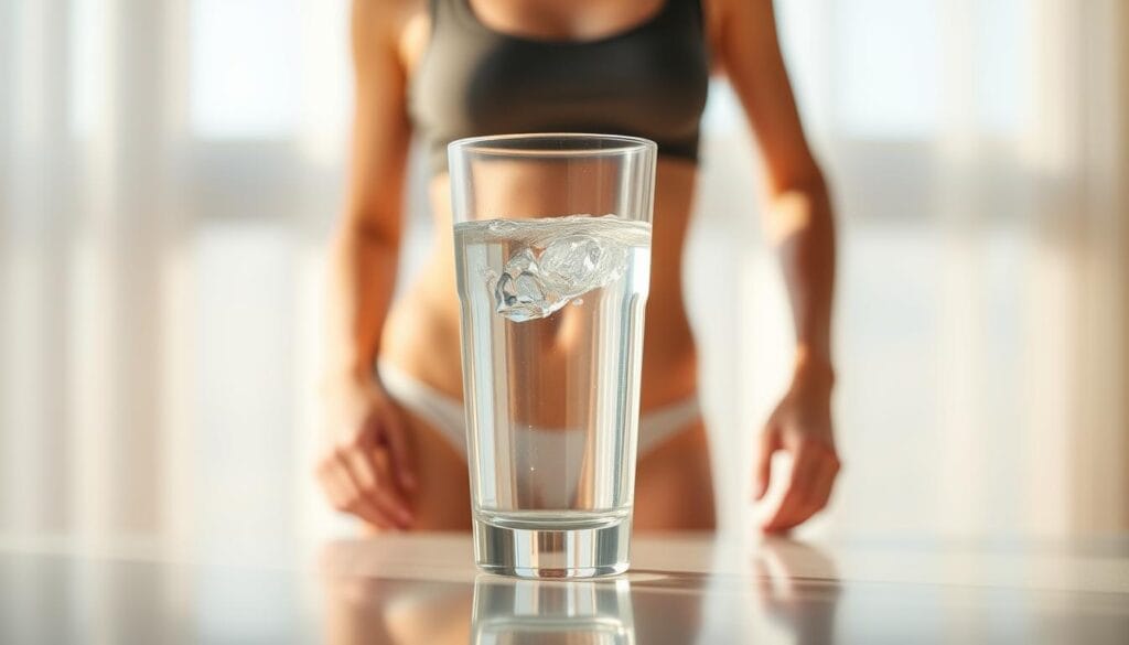 A hydration-focused weight loss illustration depicting a glass of crystal-clear water in the foreground, with a soft, blurred background showcasing a slimmer, healthier human figure. The lighting is warm and natural, casting a gentle glow on the water's surface, emphasizing its refreshing and rejuvenating qualities. The composition is balanced, with the water glass positioned slightly off-center, drawing the viewer's eye to the central element. The overall mood is one of calmness, serenity, and the connection between proper hydration and effective weight management.