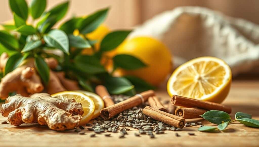A lush, vibrant still life composition showcasing an array of natural weight loss remedies. In the foreground, fresh ginger root and lemon slices are arranged artfully, their rich colors and textures drawing the eye. The middle ground features a scattering of cinnamon sticks, fennel seeds, and green tea leaves, suggesting the powerful properties of these ingredients. In the background, a soft-focus blur reveals a soothing, organic setting - perhaps a wooden table, a neutral-toned fabric, or a gentle plant. The lighting is warm and natural, casting a gentle glow on the scene. The overall mood is one of calm, wellness, and the restorative power of nature.