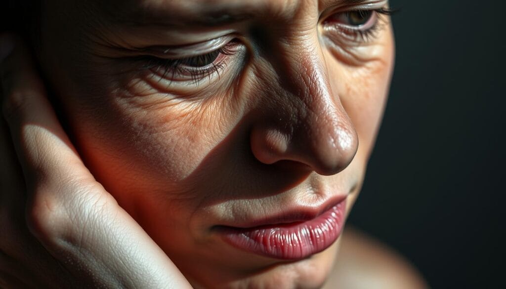 A person's face close-up, showing physical signs of dehydration - dry, cracked lips, sunken eyes, and dull, fatigued expression. The skin appears parched and dull, with fine lines and wrinkles accentuated. The lighting is soft, directional, and slightly dramatic, casting shadows that emphasize the person's dehydrated features. The background is blurred and neutral, keeping the focus on the subject's face. The overall mood is one of concern and discomfort, suggesting the detrimental effects of insufficient hydration.