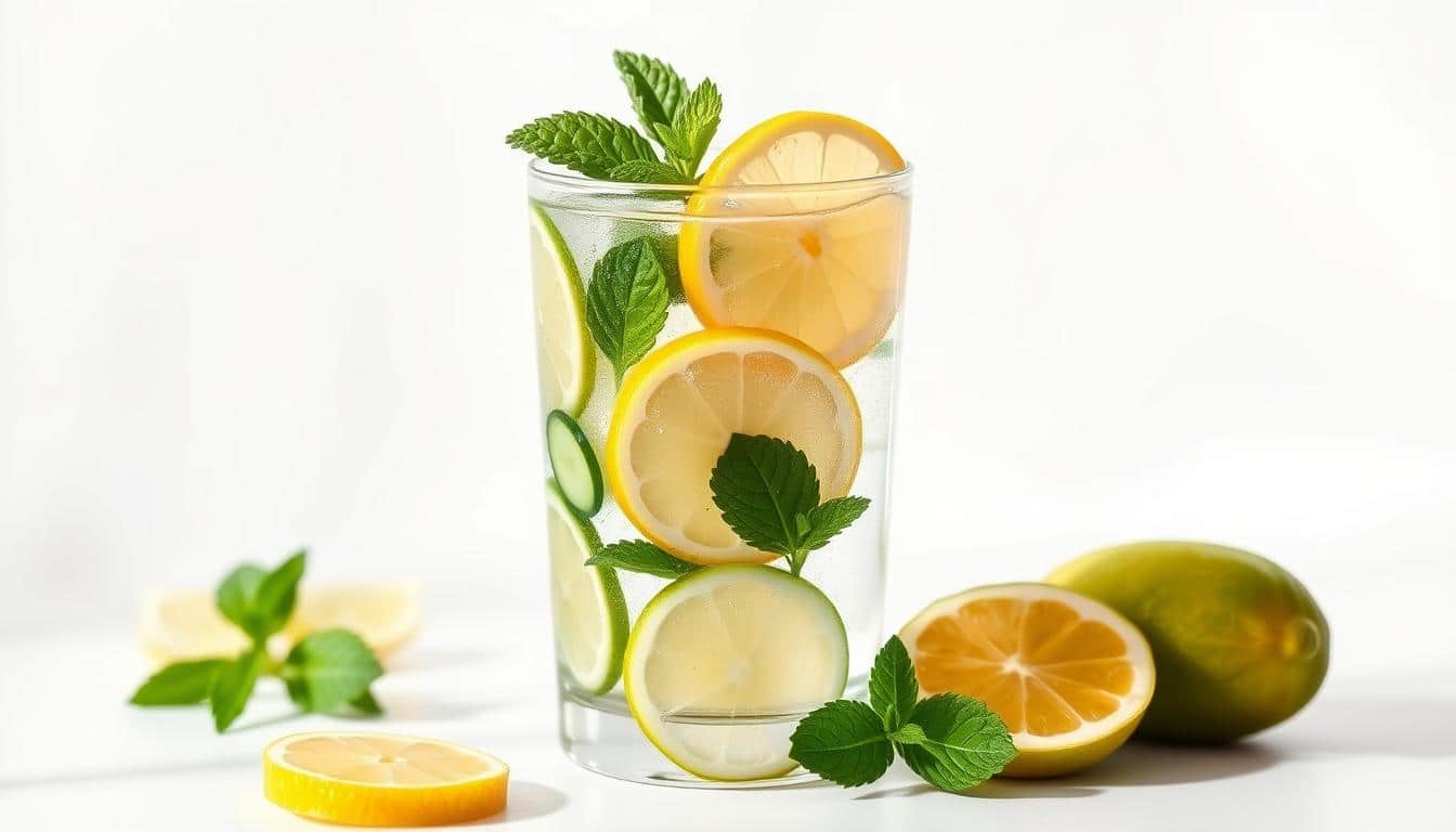A refreshing glass of infused water with sliced lemons, limes, cucumbers, and mint leaves, showcased against a white background with soft, natural lighting. The water has a clean, transparent look, hinting at its hydrating and detoxifying properties. The arrangement is visually appealing, with the vibrant colors of the fruit and herbs creating a harmonious composition. The overall mood is one of freshness, healthfulness, and a subtle invitation to partake in this simple yet effective remedy for belly fat reduction.
