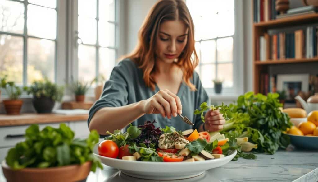 A serene kitchen scene with a person in the foreground carefully arranging a plate of nutrient-dense foods - fresh greens, colorful vegetables, and a sprinkle of herbs. The light filters in through large windows, casting a warm glow on the scene. In the background, a bookshelf displays health and nutrition guides, a subtle nod to the person's research and adaptation to their Graves' disease diagnosis. The overall atmosphere is one of mindfulness, balance, and a dedication to holistic well-being.