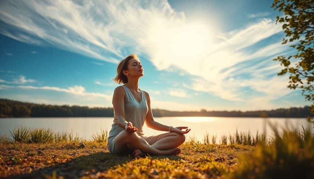 A serene landscape with a person sitting cross-legged in a meditative pose, surrounded by lush greenery and a tranquil lake. Soft, warm lighting bathes the scene, creating a calming atmosphere. The person's expression is one of introspection and inner peace, their eyes closed as they find solace in the moment. In the background, wispy clouds drift across a vibrant blue sky, symbolizing the clarity and balance of mental well-being. The overall composition conveys a sense of harmony and emotional resilience, reflecting the mental health journey.