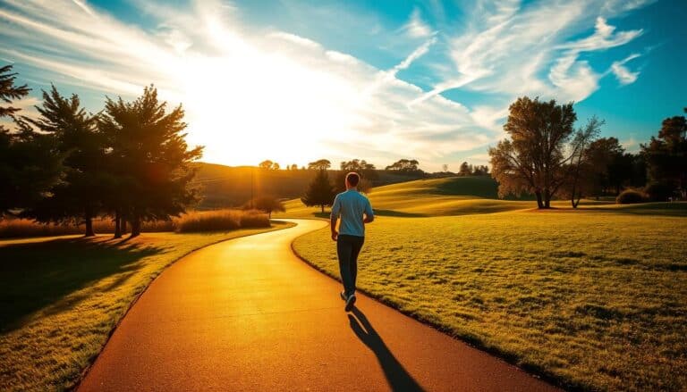A serene park with a paved walkway winding through lush greenery. The path is bathed in warm, golden sunlight, casting long shadows on the ground. In the foreground, a person strides purposefully, their steps measured and determined, their gait suggesting a dedicated walking routine. The mid-ground features rolling hills dotted with trees, creating a sense of depth and the journey ahead. In the background, the sky is a brilliant azure, with wispy clouds drifting lazily overhead, exuding a tranquil, calming atmosphere. The overall scene conveys the idea of a sustained, regular walking regimen as an effective means to lose belly fat.