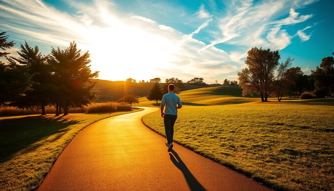 A serene park with a paved walkway winding through lush greenery. The path is bathed in warm, golden sunlight, casting long shadows on the ground. In the foreground, a person strides purposefully, their steps measured and determined, their gait suggesting a dedicated walking routine. The mid-ground features rolling hills dotted with trees, creating a sense of depth and the journey ahead. In the background, the sky is a brilliant azure, with wispy clouds drifting lazily overhead, exuding a tranquil, calming atmosphere. The overall scene conveys the idea of a sustained, regular walking regimen as an effective means to lose belly fat.