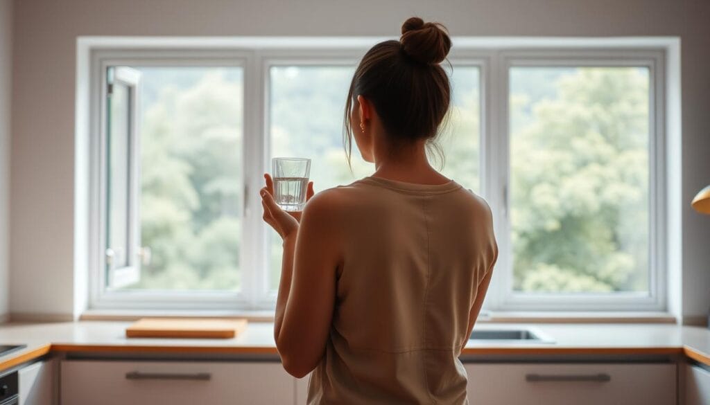 A serene, softly-lit interior scene featuring a person standing in a minimalist, well-appointed kitchen. The person is holding a glass of clear water, with their back to the viewer, gazing out a large window overlooking a lush, verdant landscape. The lighting is warm and natural, capturing the tranquil atmosphere. The composition emphasizes the importance of water consumption, with the person's posture and the window's framing drawing the eye to the glass of water. The overall scene conveys a sense of calm and balance, reflecting the optimal timing for water intake to support weight loss.