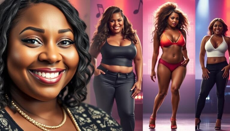 A series of portraits depicting Missy Elliott's remarkable weight loss journey over time. In the foreground, a close-up of her face, glowing with radiant skin and a confident, joyful expression. In the middle ground, a full-body shot showcasing her slimmer, toned physique, accentuated by flattering lighting and a bold, stylish outfit. In the background, subtle references to her career and achievements, such as musical notes or performance stages, creating a sense of her holistic transformation. The overall mood is one of inspiration and empowerment, capturing Missy Elliott's dedication, resilience, and the positive impact of her weight loss journey.