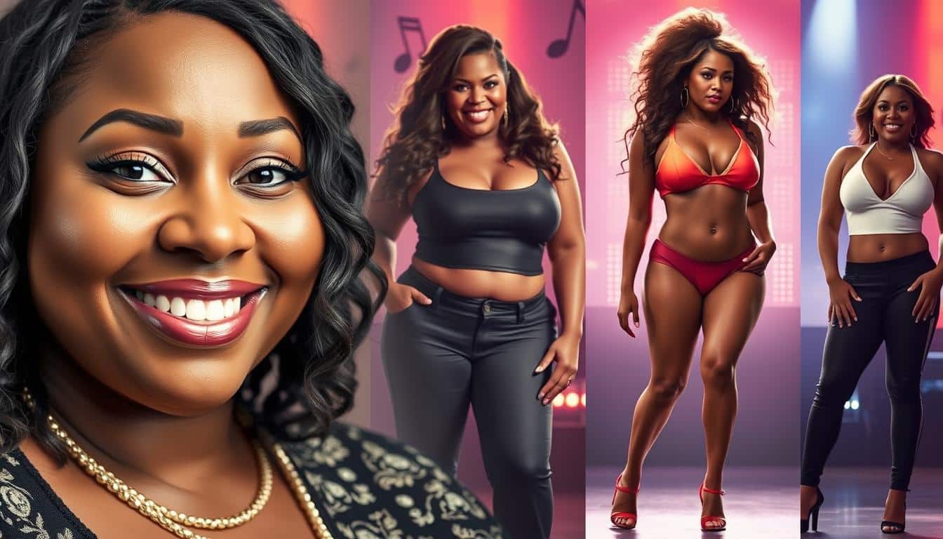 A series of portraits depicting Missy Elliott's remarkable weight loss journey over time. In the foreground, a close-up of her face, glowing with radiant skin and a confident, joyful expression. In the middle ground, a full-body shot showcasing her slimmer, toned physique, accentuated by flattering lighting and a bold, stylish outfit. In the background, subtle references to her career and achievements, such as musical notes or performance stages, creating a sense of her holistic transformation. The overall mood is one of inspiration and empowerment, capturing Missy Elliott's dedication, resilience, and the positive impact of her weight loss journey.