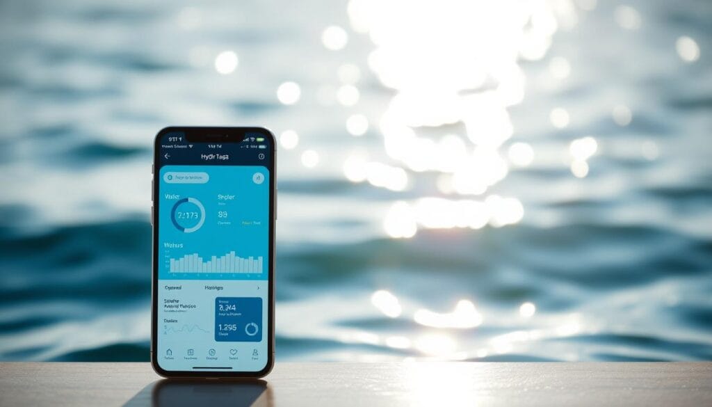 A sleek and intuitive water tracking app interface, showcasing a clean and minimalist design. In the foreground, a modern smartphone displays a vibrant, user-friendly app dashboard, complete with elegant graphics and clear water consumption data visualizations. The middle ground features a blurred backdrop of a serene, sun-dappled water surface, creating a calming, hydration-focused atmosphere. Soft, natural lighting illuminates the scene, lending a subtle glow and a sense of wellness. The overall composition conveys a sense of simplicity, efficiency, and a dedication to personal health and fitness tracking.