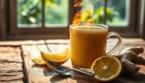 Ginger with Lemon for Weight Loss – Powerful Combo 8 A steaming hot cup of ginger lemon tea placed on a rustic wooden table, surrounded by fresh lemon slices, ginger root, and a spoon. Warm, natural lighting casts a soft glow, highlighting the vibrant yellow and golden hues of the ingredients. The tea's surface reflects the light, creating a sense of tranquility. In the background, a blurred window overlooks a lush, green garden, emphasizing the tea's soothing and rejuvenating properties. The composition conveys a sense of wellness, inviting the viewer to savor the moment and experience the potential weight loss benefits of this nourishing beverage.