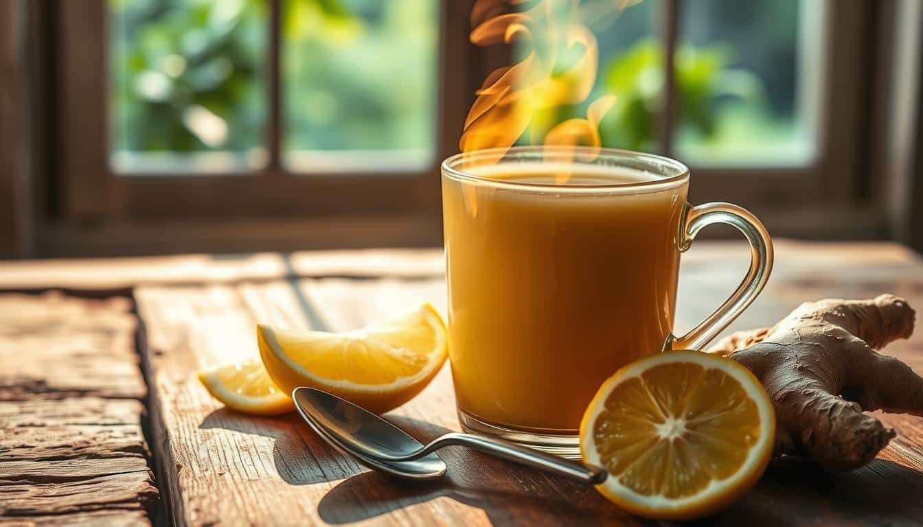 A steaming hot cup of ginger lemon tea placed on a rustic wooden table, surrounded by fresh lemon slices, ginger root, and a spoon. Warm, natural lighting casts a soft glow, highlighting the vibrant yellow and golden hues of the ingredients. The tea's surface reflects the light, creating a sense of tranquility. In the background, a blurred window overlooks a lush, green garden, emphasizing the tea's soothing and rejuvenating properties. The composition conveys a sense of wellness, inviting the viewer to savor the moment and experience the potential weight loss benefits of this nourishing beverage.