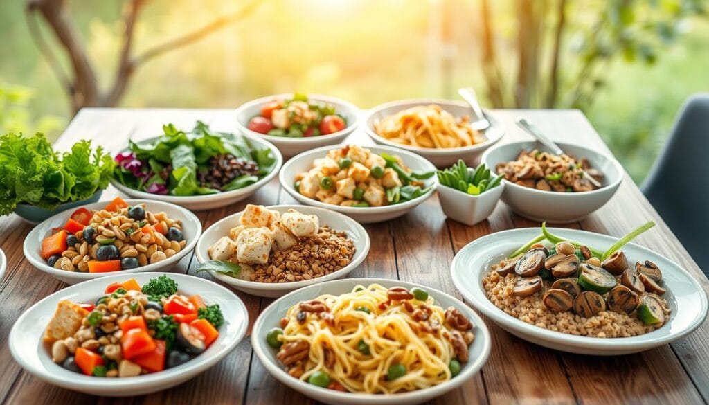 A table showcasing a balanced vegetarian low-carb meal plan, with various colorful plates and bowls arranged on a wooden surface. The foreground features an assortment of fresh vegetables, leafy greens, nuts, seeds, and plant-based proteins such as tofu, tempeh, and lentils. The middle ground displays different portions of low-carb side dishes, including roasted cauliflower, zucchini noodles, and sautéed mushrooms. The background suggests a serene, natural setting, with a soft, warm lighting creating a calm and inviting atmosphere. The overall composition conveys a sense of health, nourishment, and a well-rounded vegetarian low-carb diet plan.