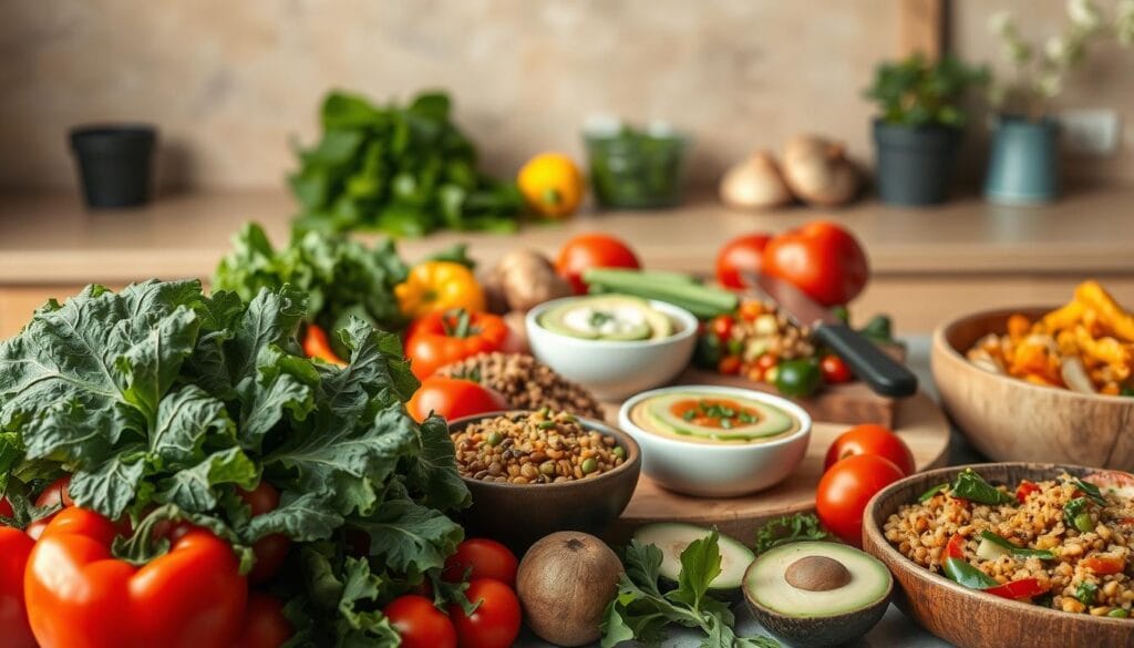 A vibrant, appetizing still life of various low-carb vegetarian ingredients and dishes, captured in soft, natural lighting. In the foreground, an arrangement of fresh vegetables - crisp kale, juicy tomatoes, crunchy bell peppers, and earthy mushrooms. In the middle ground, a rustic wooden cutting board with a knife and a few simple yet flavorful vegetarian recipes, such as a hearty lentil and quinoa salad, a creamy avocado-based dip, and a colorful vegetable stir-fry. The background features a minimalist, earthy-toned kitchen countertop, with a few potted herbs adding a touch of greenery. The overall mood is one of healthfulness, simplicity, and culinary inspiration.