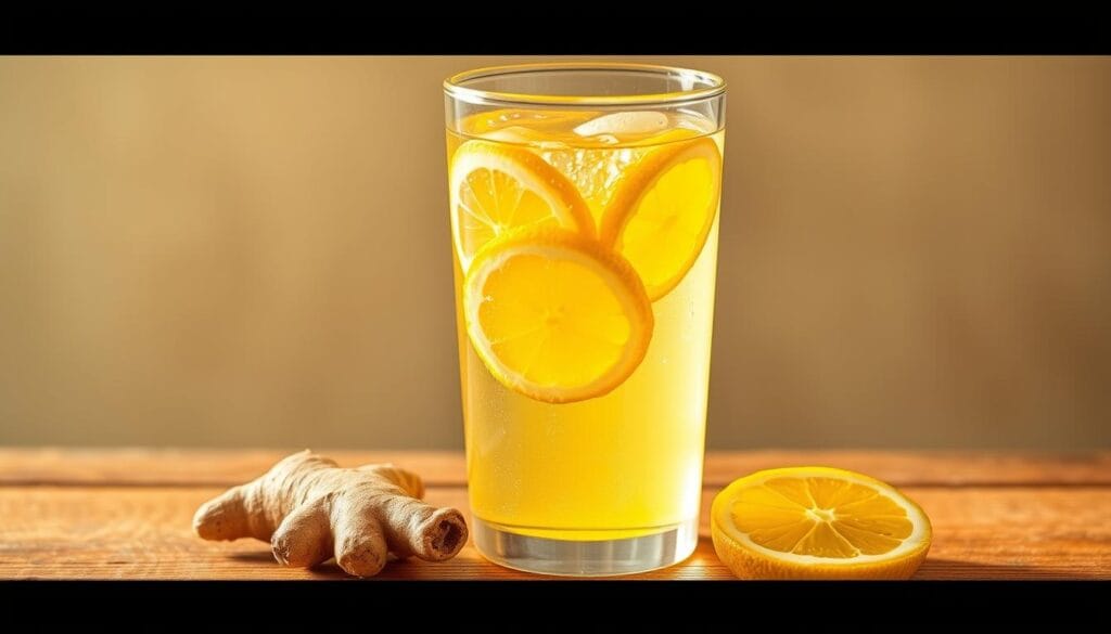 A vibrant glass of ginger lemon water, with fresh lemon slices and ginger root floating in crystalline water. The liquid glistens under warm, natural lighting, casting a golden hue across the scene. The glass is positioned on a wooden table, surrounded by a minimalist, earthy background that emphasizes the health-focused nature of the drink. The overall composition evokes a sense of purity, vitality, and the restorative power of this simple, yet effective weight loss elixir.