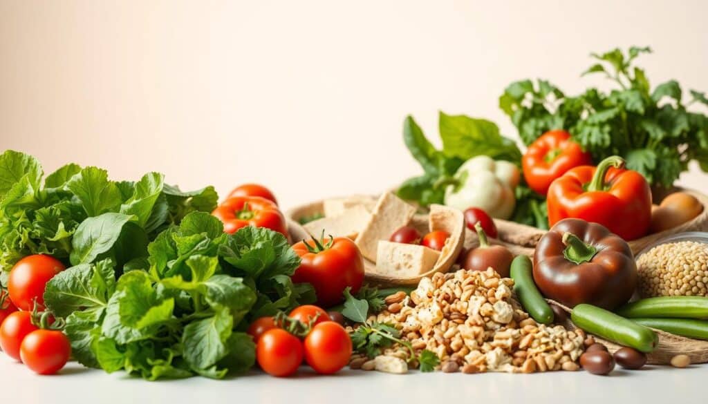 A vibrant still life of an array of low-carb vegetarian foods set against a minimalist, light-filled backdrop. In the foreground, a selection of fresh vegetables including crisp green leafy greens, juicy tomatoes, and crunchy bell peppers. In the middle ground, an assortment of protein-rich options such as tofu, tempeh, and legumes. The background features a clean, bright environment with warm, diffused lighting, creating a calming, health-conscious atmosphere. The composition is balanced and visually appealing, showcasing the nutritious and flavorful possibilities of a vegetarian low-carb approach to dining.