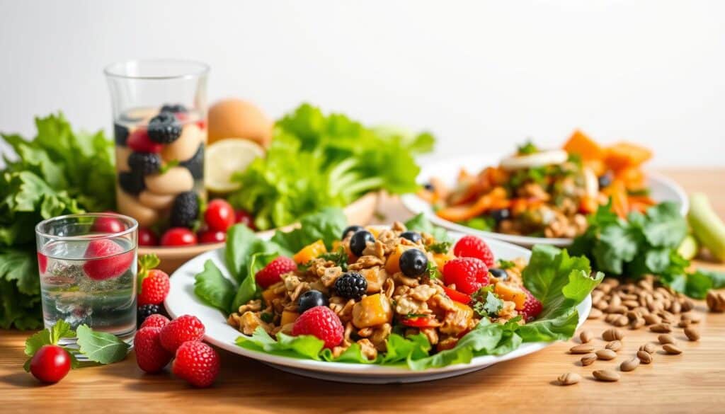 A vibrant still life scene depicting various vegetarian weight loss tips. In the foreground, crisp green leafy vegetables, juicy berries, and a glass of infused water are artfully arranged on a wooden table. In the middle ground, a plate showcases a colorful vegetable stir-fry, accompanied by a side of roasted nuts and seeds. The background is softly lit, highlighting the textures and colors of the ingredients. The lighting is natural and diffused, creating a warm, inviting atmosphere. The overall composition emphasizes the abundance and nutritional value of a balanced vegetarian diet for weight loss.