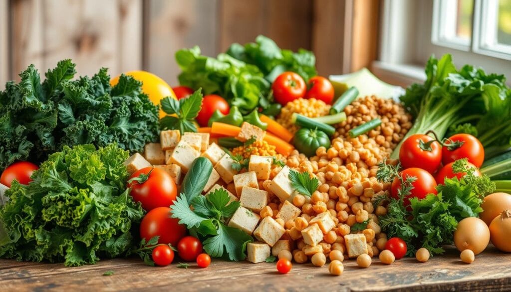 A vibrant still life scene featuring an assortment of low-carb vegetarian foods artfully arranged on a rustic wooden table. In the foreground, a variety of leafy greens like kale, spinach, and romaine, accompanied by crunchy veggies like bell peppers, cucumbers, and cherry tomatoes. In the middle ground, a selection of protein-rich options such as tofu, tempeh, and legumes like chickpeas and lentils. A drizzle of olive oil and a scattering of fresh herbs add depth and texture. Soft, natural lighting from a nearby window casts a warm glow, highlighting the vibrant colors and inviting textures of this nutritious, low-carb vegetarian spread.