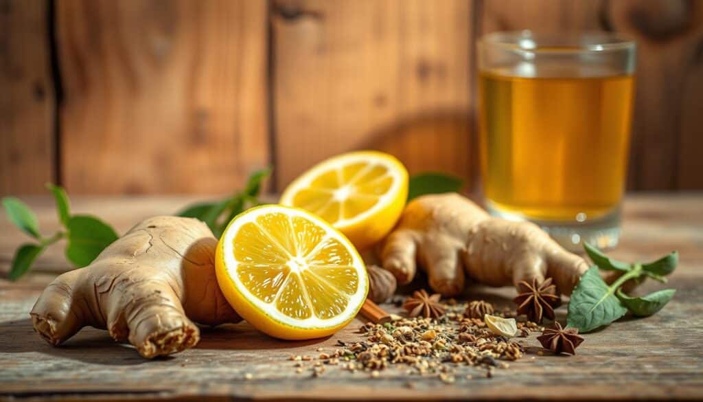 A vibrant still life showcasing the nutritional benefits of ginger and lemon. In the foreground, a fresh ginger root and a lemon slice are arranged against a rustic wooden backdrop, casting warm natural shadows. The middle ground features a scatter of spices, herbs, and a glass of golden lemon-ginger tea, hinting at the flavorful properties of these ingredients. The background is softly blurred, keeping the focus on the central elements. Soft, diffused lighting illuminates the scene, creating a sense of wellness and nourishment. The overall composition conveys the healthy, rejuvenating qualities of this dynamic duo.