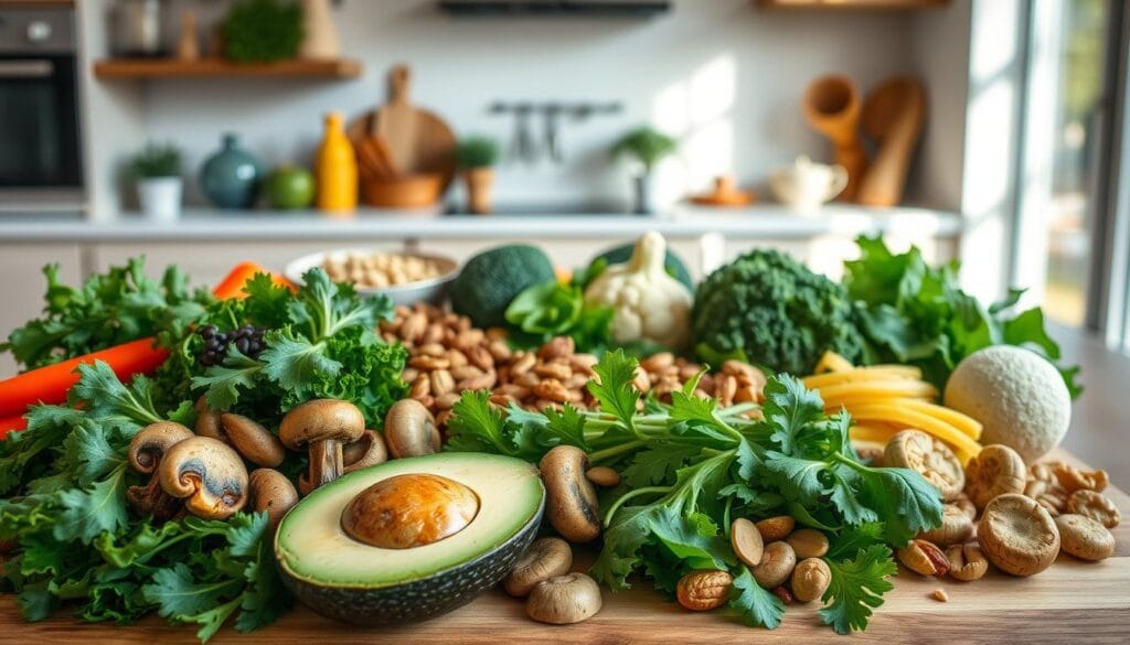 A vibrant vegetarian low-carb spread with a variety of fresh, colorful ingredients. In the foreground, an array of leafy greens, sliced avocado, and sautéed mushrooms. In the middle, a variety of nuts, seeds, and low-carb vegetables like broccoli and cauliflower. In the background, a clean, minimalist kitchen counter with natural light streaming in, creating a warm, inviting atmosphere. The image conveys a sense of balance, simplicity, and nourishment, reflecting the overcoming of challenges on a vegetarian low-carb diet.