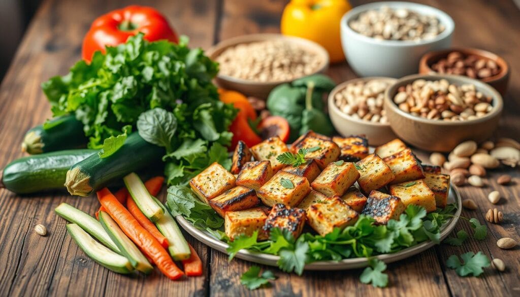 A visually appealing low carb vegetarian meal plan, showcased on a rustic wooden table. In the foreground, an assortment of fresh, vibrant vegetables - zucchini, bell peppers, and leafy greens - arranged with care. In the middle ground, a hearty serving of grilled tofu, seasoned with aromatic herbs and spices. In the background, a variety of nuts, seeds, and whole grains, complementing the plant-based meal. The scene is bathed in warm, natural lighting, creating a cozy, inviting atmosphere. The composition is balanced, with a focus on the nourishing, low-carb ingredients that make up this satisfying, vegetarian-friendly meal plan.