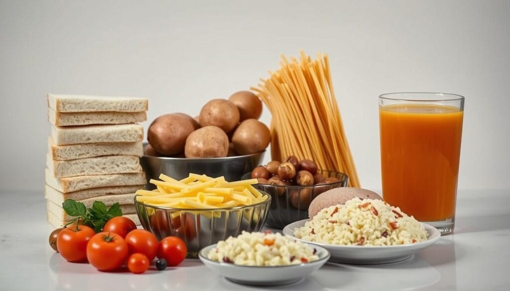 A well-lit studio image of an assortment of low-carb vegetarian foods to avoid on a weight loss plan: a stack of white bread slices, a tall pile of potatoes, a bowl of pasta, a plate of rice and beans, and a glass of sugary fruit juice, arranged on a clean, minimalist countertop, with a soft, even lighting casting subtle shadows to create depth and highlight the textures of the different ingredients.