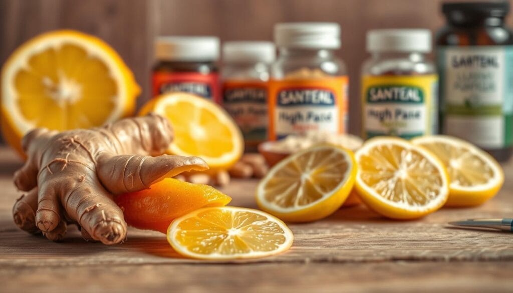 An exquisitely detailed still life photograph, shot with a macro lens in soft, warm lighting. In the foreground, vibrant orange ginger root and bright yellow lemon slices are elegantly arranged on a wooden surface, creating a visually striking contrast. The middle ground features an assortment of weight loss supplements, such as capsules and powder, subtly hinting at the health benefits of this dynamic duo. The background is blurred, allowing the viewer to focus on the central elements. The overall composition radiates a sense of balance, harmony, and the promise of natural, effective weight loss.