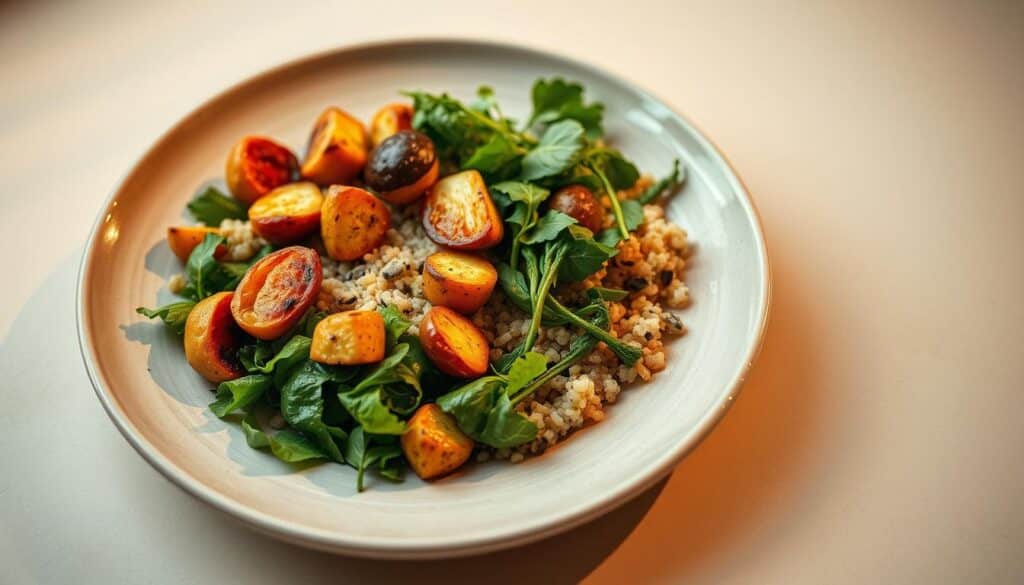 Beautifully plated low carb vegetarian meal with vibrant greens, roasted vegetables, and a protein-rich quinoa or tofu dish. The composition is neatly arranged on a neutral ceramic plate, with warm lighting casting a soft glow. The image has a clean, minimalist aesthetic that highlights the fresh, wholesome ingredients. The overall mood is one of health, wellness, and culinary sophistication, suitable for a feature on a low-carb vegetarian diet for weight loss.